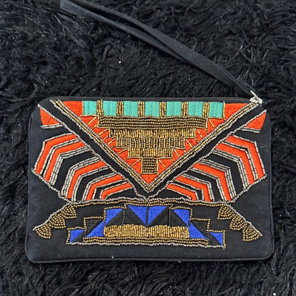 Cato Geometric Beaded Clutch in Black, Red, and Blue - Picture 3 of 3